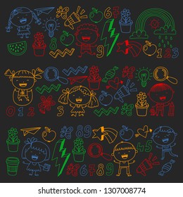 School kindergarten children. Play, learn and grow. Education and games. Cool boys and girls vector illustration.