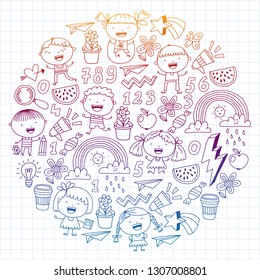 School kindergarten children. Play, learn and grow. Education and games. Cool boys and girls vector illustration.