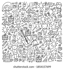 School, kindergarten with cute vector children. Dancing, singing, painting, online education. Creativity and imagination.