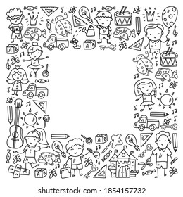 Escuela, kindergarten con niños lindos vectores. Baile, canto, pintura, educación en línea. Creatividad e imaginación.