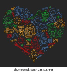 School, kindergarten with cute vector children. Dancing, singing, painting, online education. Creativity and imagination.