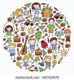 School, kindergarten with cute vector children. Dancing, singing, painting, online education. Creativity and imagination.