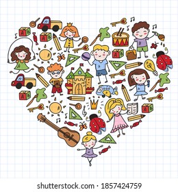 School, kindergarten with cute vector children. Dancing, singing, painting, online education. Creativity and imagination.