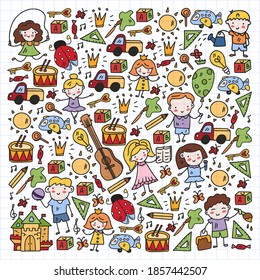 School, kindergarten with cute vector children. Dancing, singing, painting, online education. Creativity and imagination.