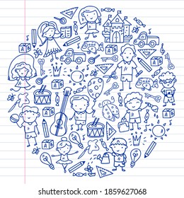 School, kindergarten with cute vector children. Dancing, singing, painting, online education. Creativity and imagination.