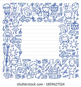 School, kindergarten with cute vector children. Dancing, singing, painting, online education. Creativity and imagination.