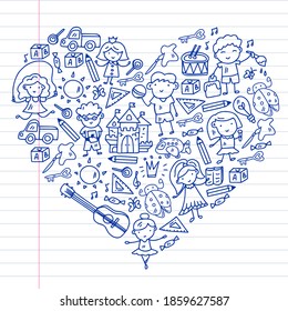 School, kindergarten with cute vector children. Dancing, singing, painting, online education. Creativity and imagination.