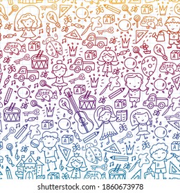 School, kindergarten with cute vector children. Dancing, singing, painting, online education. Creativity and imagination.