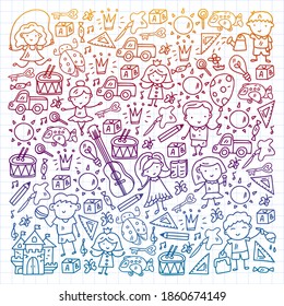 School, kindergarten with cute vector children. Dancing, singing, painting, online education. Creativity and imagination.