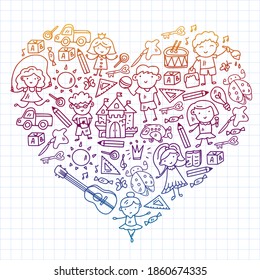 School, kindergarten with cute vector children. Dancing, singing, painting, online education. Creativity and imagination.