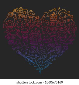 School, kindergarten with cute vector children. Dancing, singing, painting, online education. Creativity and imagination.