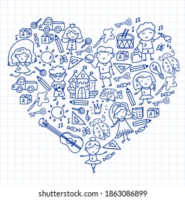 School, kindergarten with cute vector children. Dancing, singing, painting, online education. Creativity and imagination.