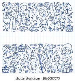 School, kindergarten with cute vector children. Dancing, singing, painting, online education. Creativity and imagination.