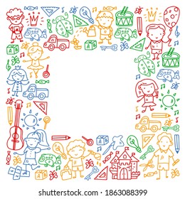 School, kindergarten with cute vector children. Dancing, singing, painting, online education. Creativity and imagination.