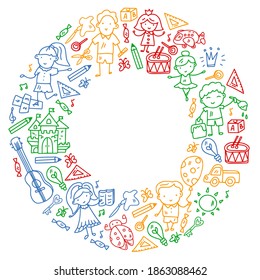 School, kindergarten with cute vector children. Dancing, singing, painting, online education. Creativity and imagination.
