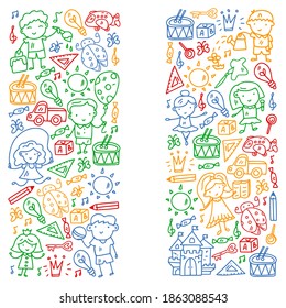 School, kindergarten with cute vector children. Dancing, singing, painting, online education. Creativity and imagination.