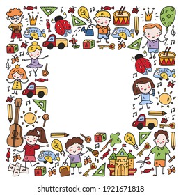 School, kindergarten with cute vector children. Dancing, singing, painting, online education. Creativity and imagination.
