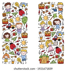 School, kindergarten with cute vector children. Dancing, singing, painting, online education. Creativity and imagination.