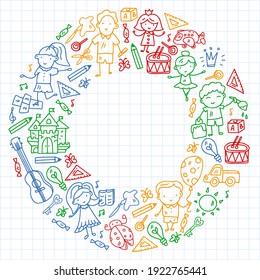 School, kindergarten with cute vector children. Creativity and imagination. Dancing, singing, painting, online education.