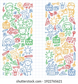 School, kindergarten with cute vector children. Creativity and imagination. Dancing, singing, painting, online education.