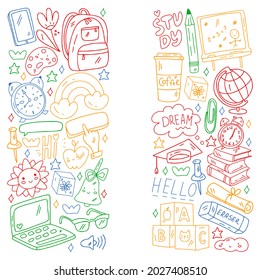 School, kindergarten with cute vector children. Creativity and imagination. Dancing, singing, painting, online education.