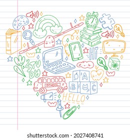 School, kindergarten with cute vector children. Creativity and imagination. Dancing, singing, painting, online education.