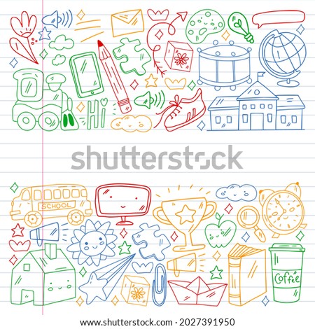 School, kindergarten with cute vector children. Creativity and imagination. Dancing, singing, painting, online education.