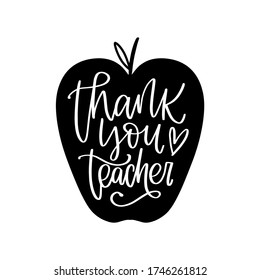 School, kindergarten graduation gratitude quote vector design. Appreciation words, Thank you teacher handwritten modern calligraphy phrase, apple silhouette and heart symbol. 