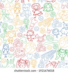 School, kindergarten. Happy children. Creativity, imagination doodle icons with kids. Play, study, grow Happy students Science and research Adventure Explore
