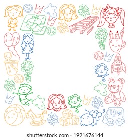 School, kindergarten. Happy children. Creativity, imagination doodle icons with kids. Play, study, grow Happy students Science and research Adventure Explore