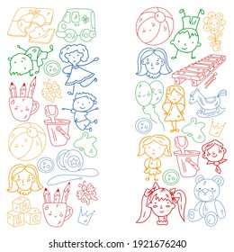 School, kindergarten. Happy children. Creativity, imagination doodle icons with kids. Play, study, grow Happy students Science and research Adventure Explore
