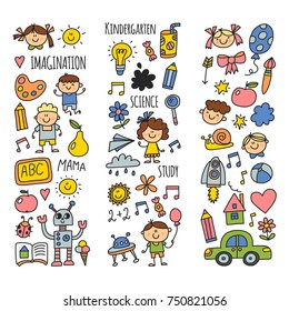 School, kindergarten. Happy children. Creativity, imagination doodle icons with kids. Play, study, grow Happy students Science and research Adventure Explore