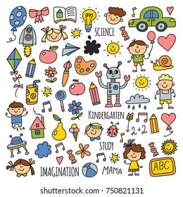 School, kindergarten. Happy children. Creativity, imagination doodle icons with kids. Play, study, grow Happy students Science and research Adventure Explore