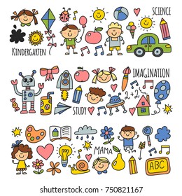 School, kindergarten. Happy children. Creativity, imagination doodle icons with kids. Play, study, grow Happy students Science and research Adventure Explore