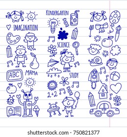 School, kindergarten. Happy children. Creativity, imagination doodle icons with kids. Play, study, grow Happy students Science and research Adventure Explore