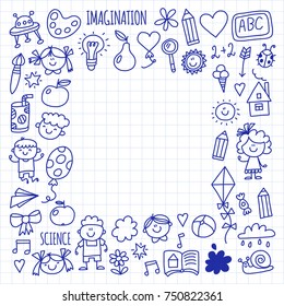 School, kindergarten. Happy children. Creativity, imagination doodle icons with kids. Play, study, grow Happy students Science and research Adventure Explore