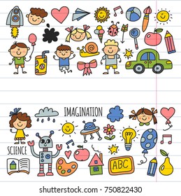 School, kindergarten. Happy children. Creativity, imagination doodle icons with kids. Play, study, grow Happy students Science and research Adventure Explore