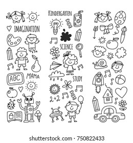 School, kindergarten. Happy children. Creativity, imagination doodle icons with kids. Play, study, grow Happy students Science and research Adventure Explore