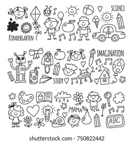 School, kindergarten. Happy children. Creativity, imagination doodle icons with kids. Play, study, grow Happy students Science and research Adventure Explore