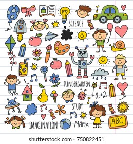 School, kindergarten. Happy children. Creativity, imagination doodle icons with kids. Play, study, grow Happy students Science and research Adventure Explore