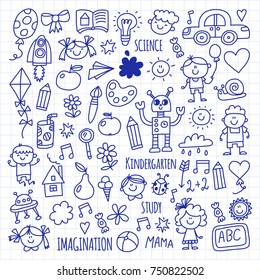 School, kindergarten. Happy children. Creativity, imagination doodle icons with kids. Play, study, grow Happy students Science and research Adventure Explore