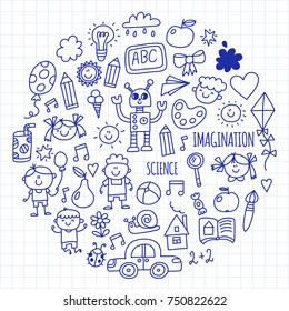 School, kindergarten. Happy children. Creativity, imagination doodle icons with kids. Play, study, grow Happy students Science and research Adventure Explore