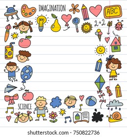 School, kindergarten. Happy children. Creativity, imagination doodle icons with kids. Play, study, grow Happy students Science and research Adventure Explore