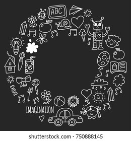 School, kindergarten. Happy children. Creativity, imagination doodle icons with kids. Play, study, grow Happy students Science and research Adventure Explore