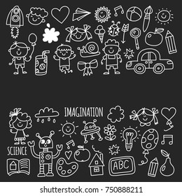 School, kindergarten. Happy children. Creativity, imagination doodle icons with kids. Play, study, grow Happy students Science and research Adventure Explore