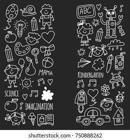 School, kindergarten. Happy children. Creativity, imagination doodle icons with kids. Play, study, grow Happy students Science and research Adventure Explore