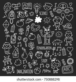 School, kindergarten. Happy children. Creativity, imagination doodle icons with kids. Play, study, grow Happy students Science and research Adventure Explore