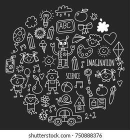 School, kindergarten. Happy children. Creativity, imagination doodle icons with kids. Play, study, grow Happy students Science and research Adventure Explore