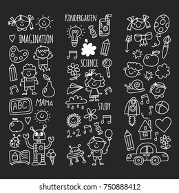 School, Kindergarten. Happy Children. Creativity, Imagination Doodle Icons With Kids. Play, Study, Grow Happy Students Science And Research Adventure Explore