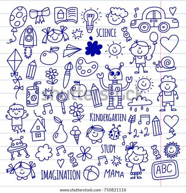 School, kindergarten. Happy children.
Creativity, imagination doodle icons with kids. Play, study, grow
Happy students Science and research Adventure
Explore